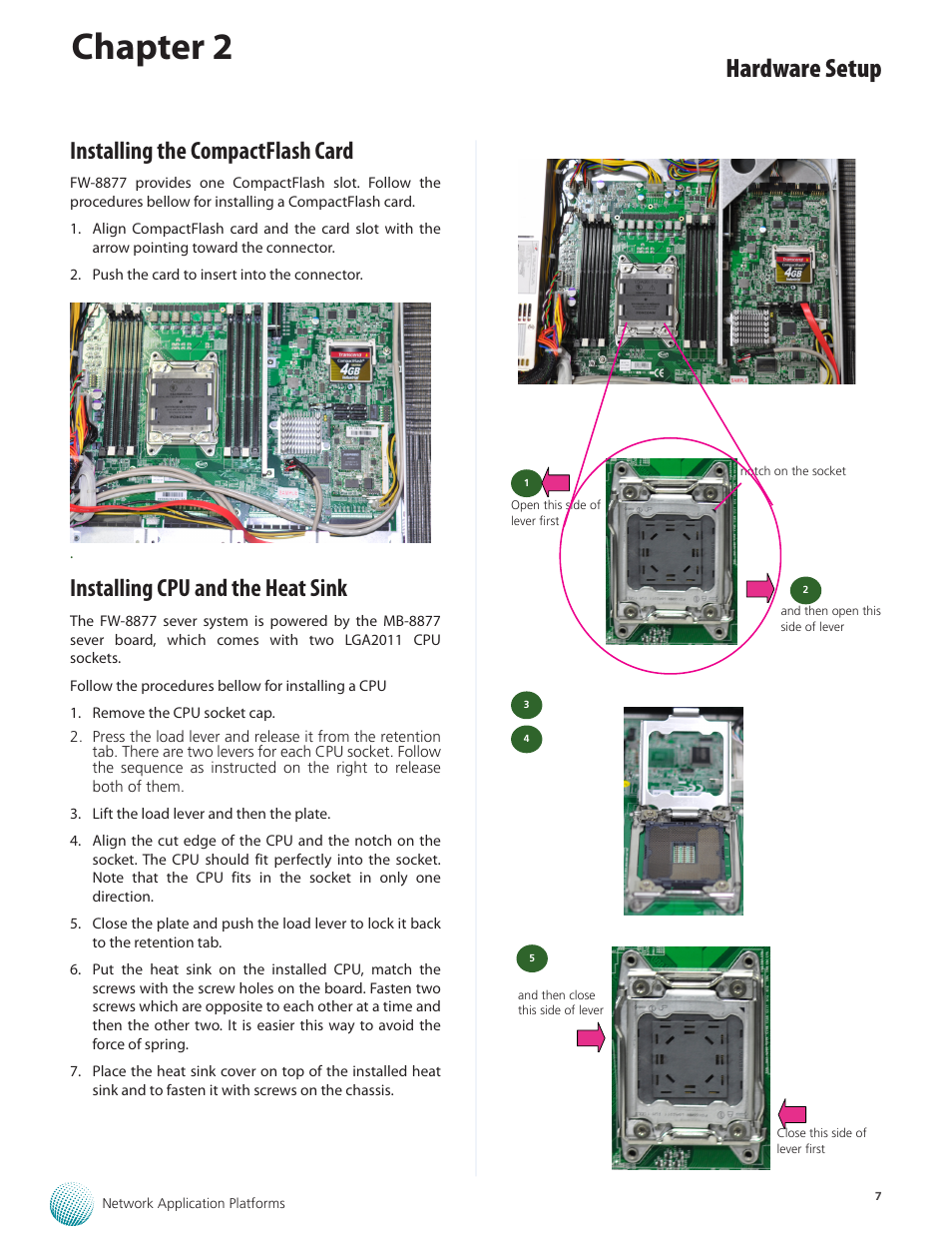 Chapter 2, Hardware setup, Installing the compactflash card | Installing cpu and the heat sink | Lanner FW-8877 User Manual | Page 13 / 46