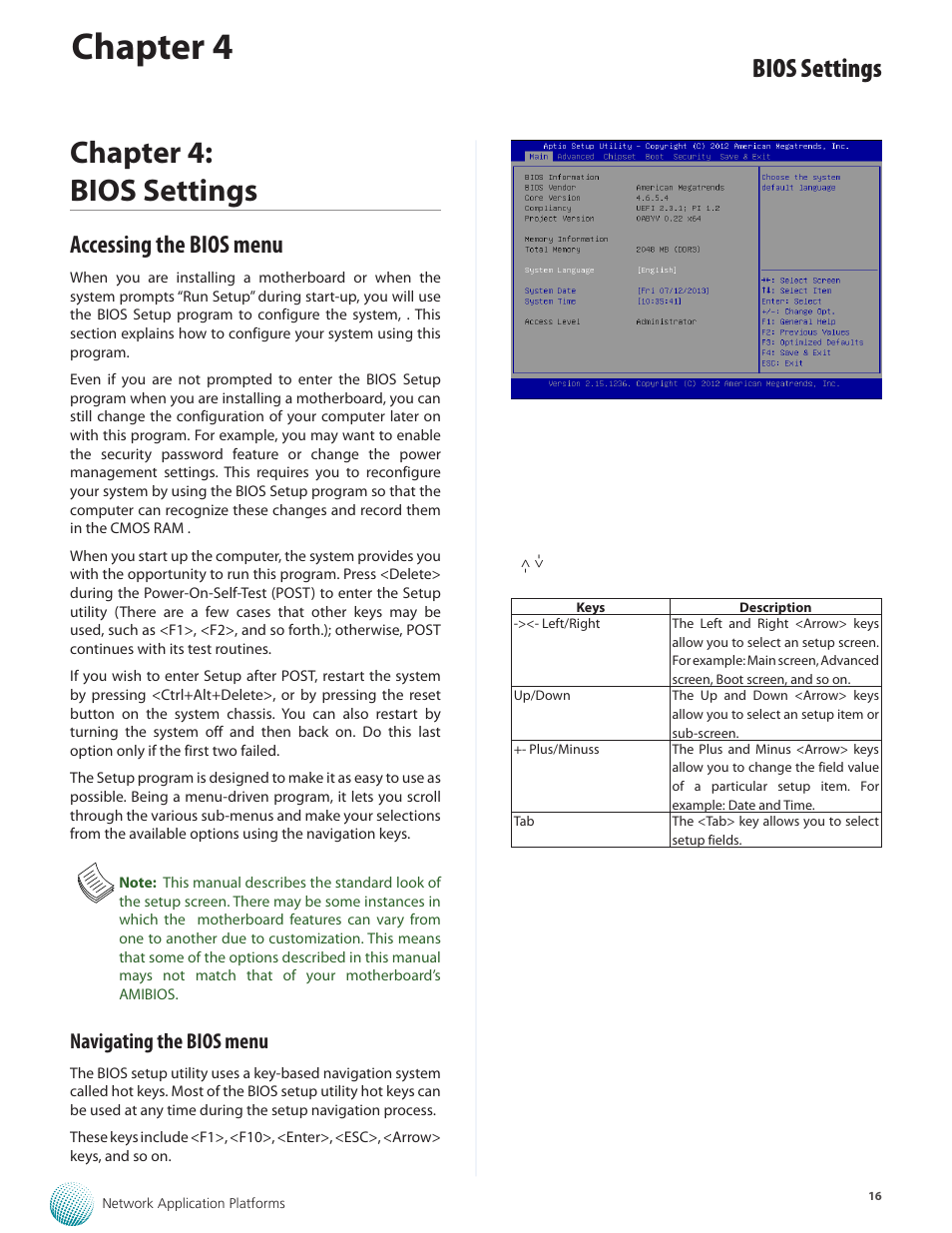 Chapter 4, Chapter 4: bios settings, Bios settings | Accessing the bios menu, Navigating the bios menu | Lanner FW-8877 User Manual | Page 22 / 46