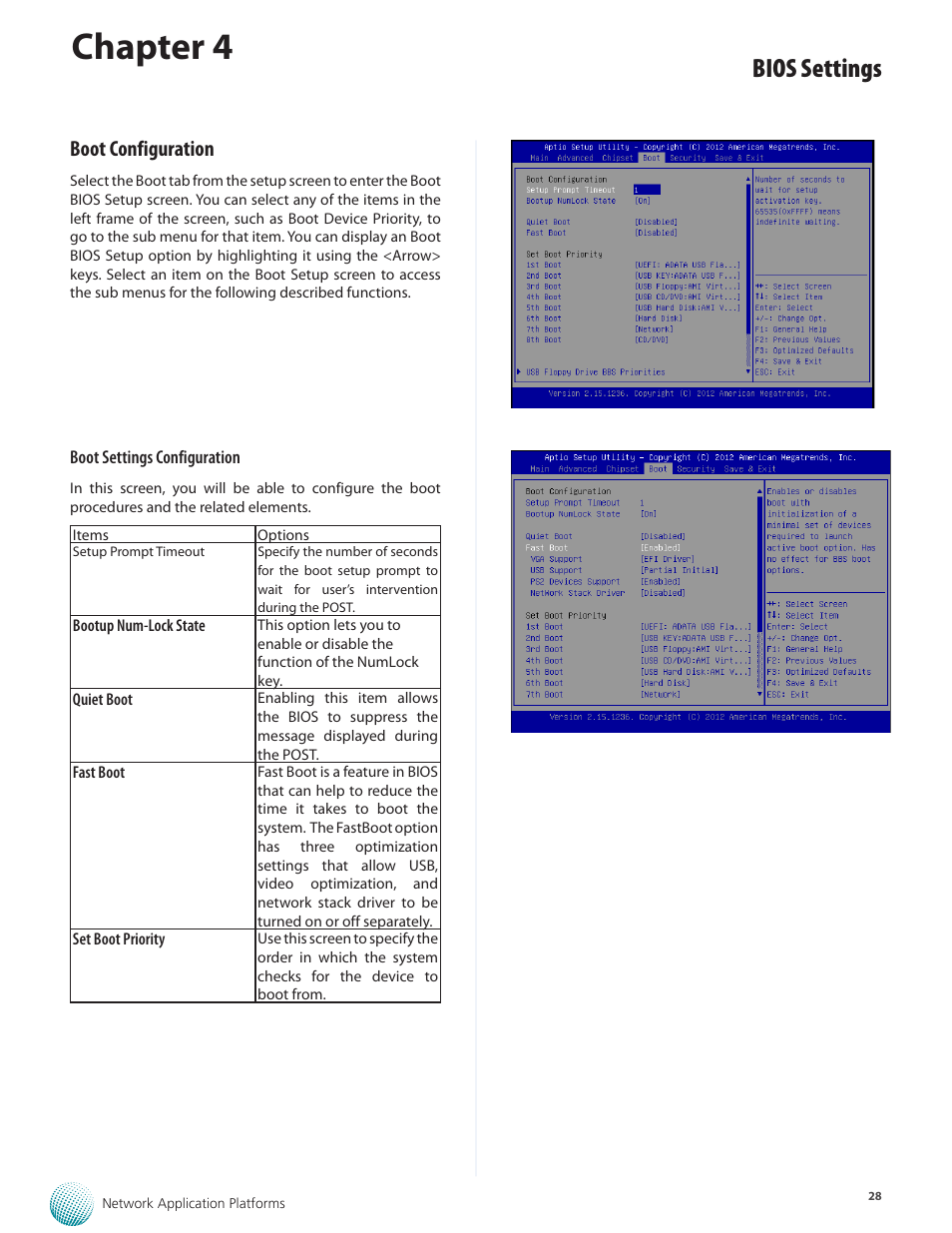 Chapter 4, Bios settings, Boot configuration | Lanner FW-8877 User Manual | Page 34 / 46