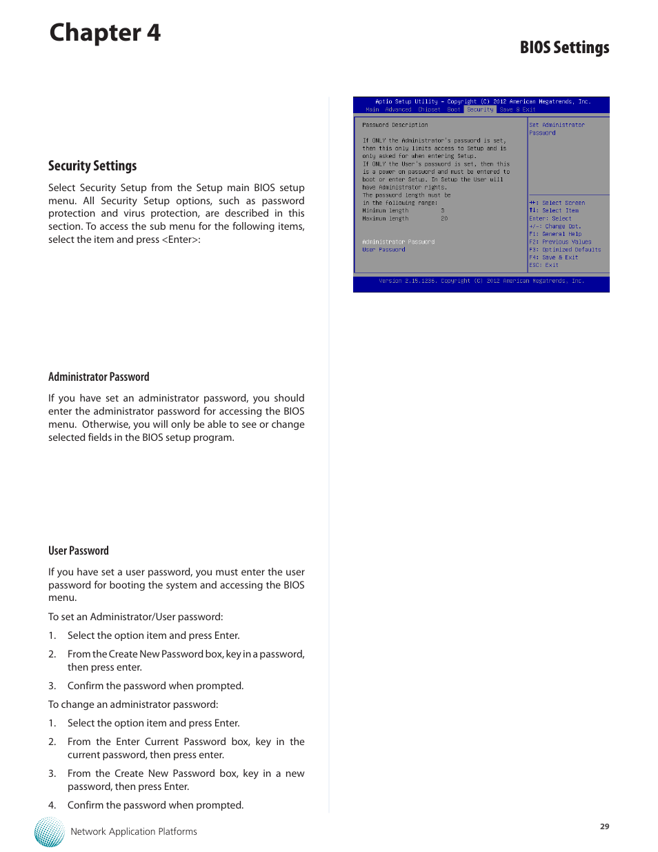 Chapter 4, Bios settings, Security settings | Lanner FW-8877 User Manual | Page 35 / 46