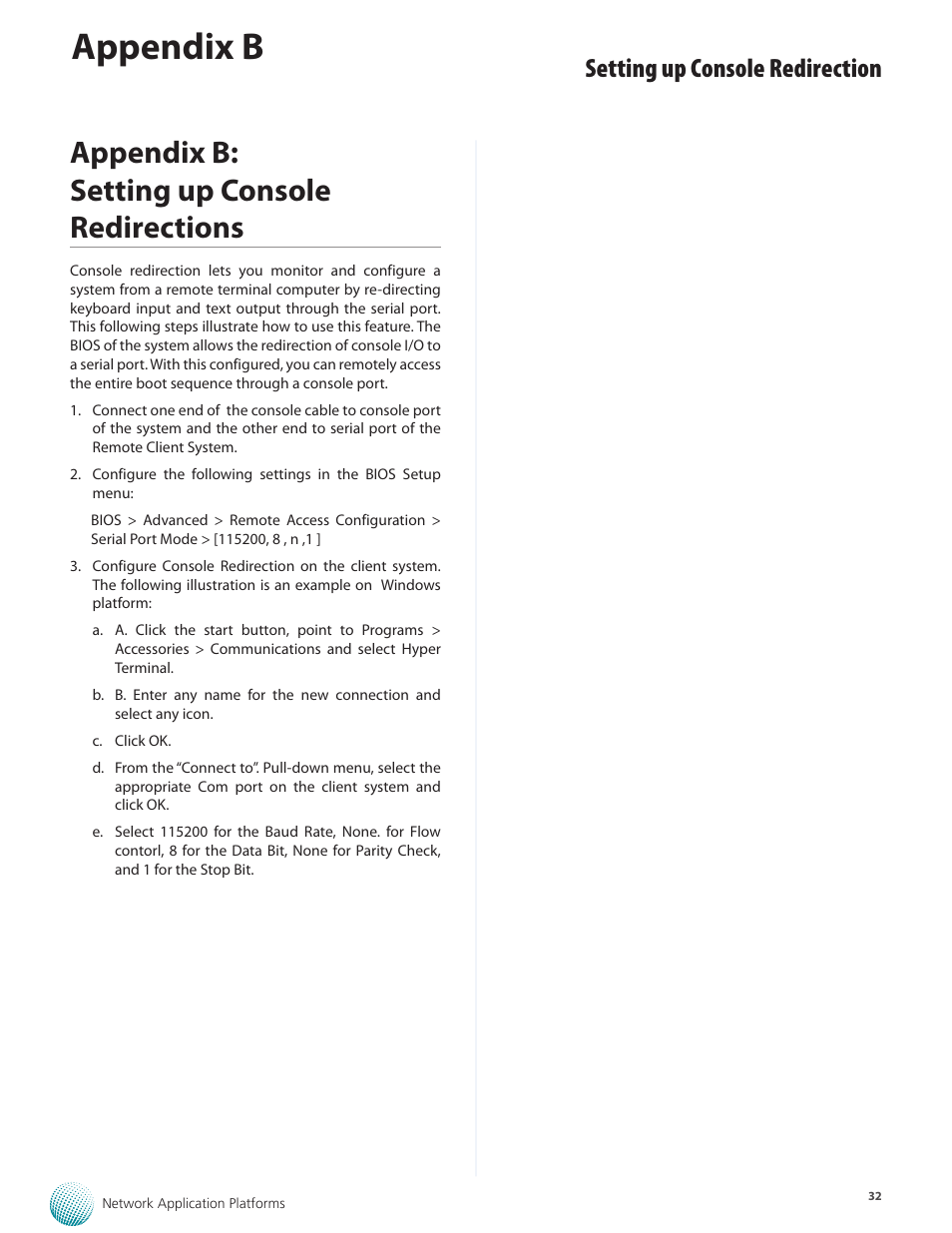 Appendix b, Appendix b: setting up console redirections, Setting up console redirection | Lanner FW-8877 User Manual | Page 38 / 46