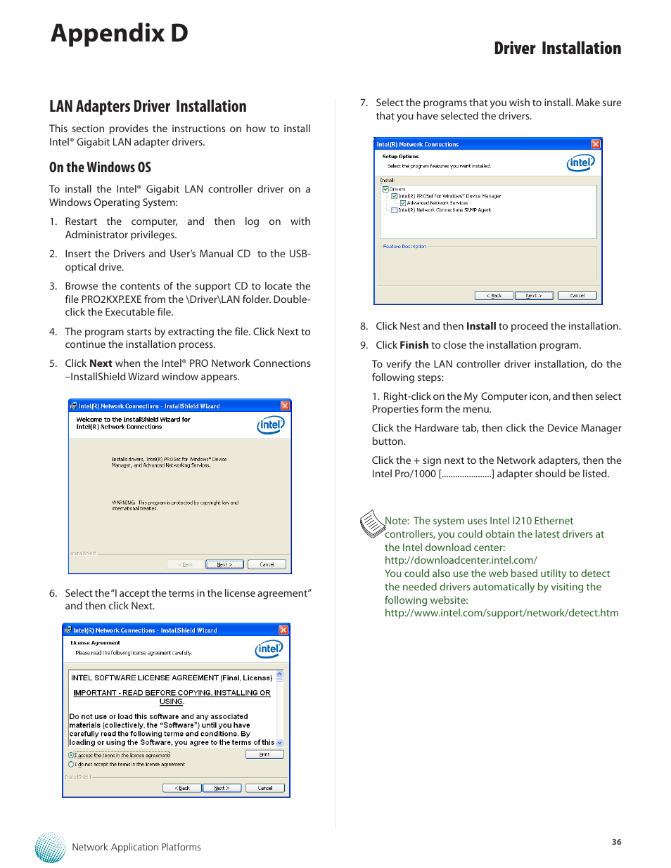 Appendix d, Driver installation, Lan adapters driver installation | On the windows os | Lanner FW-8877 User Manual | Page 42 / 46