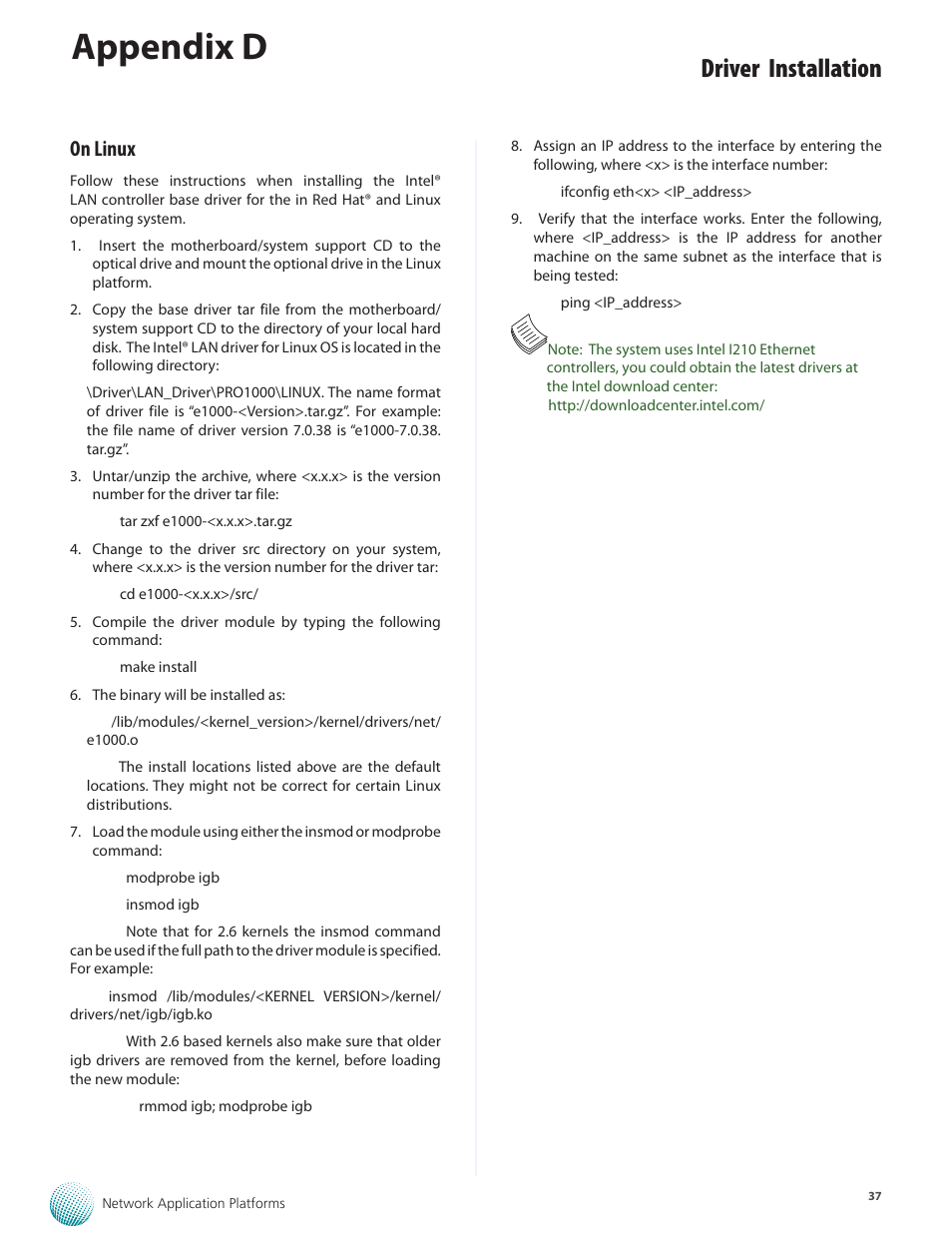 Appendix d, Driver installation, On linux | Lanner FW-8877 User Manual | Page 43 / 46