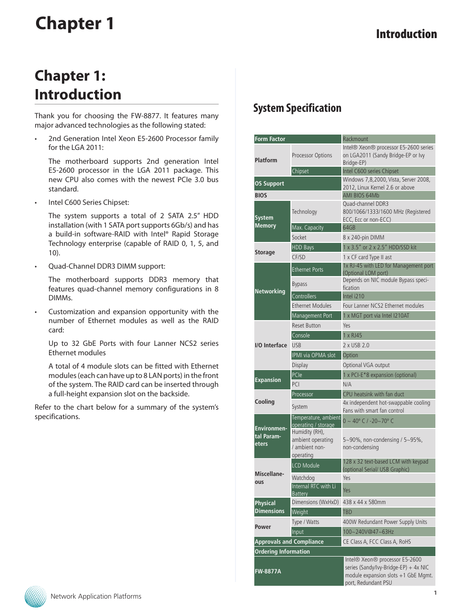 Chapter 1, Chapter 1: introduction, Introduction | System specification | Lanner FW-8877 User Manual | Page 7 / 46