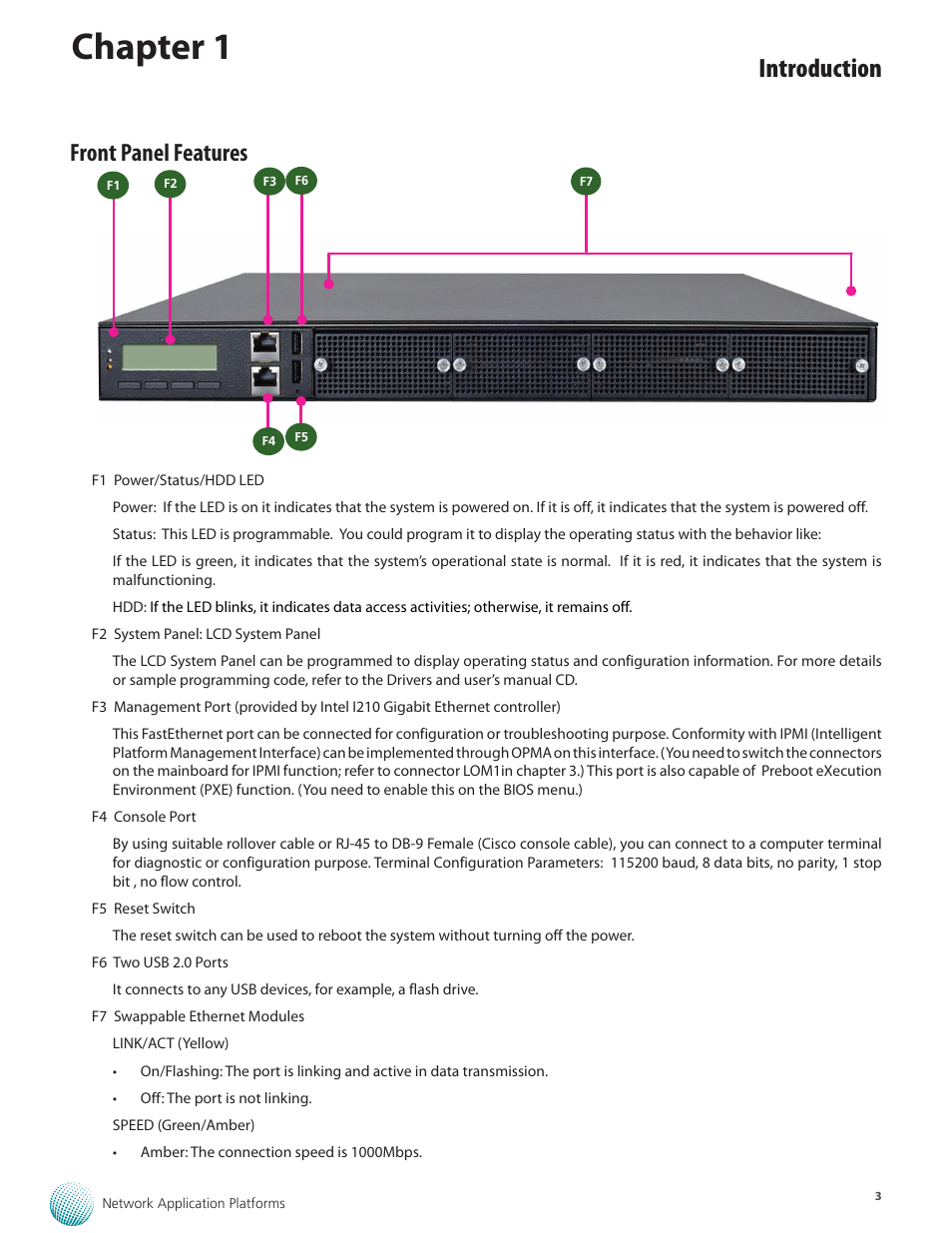 Chapter 1, Introduction, Front panel features | Lanner FW-8877 User Manual | Page 9 / 46