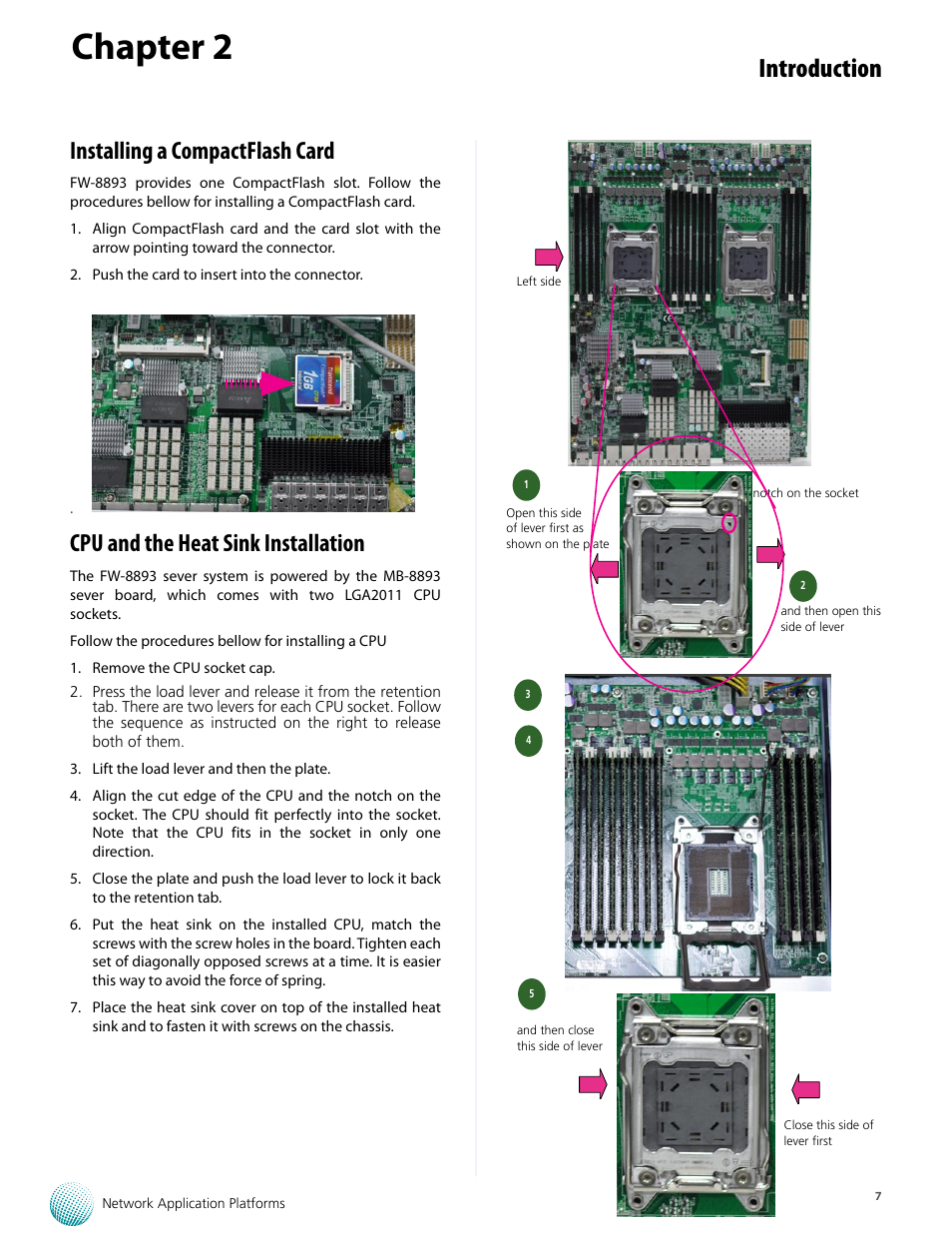 Chapter 2, Introduction, Installing a compactflash card | Cpu and the heat sink installation | Lanner FW-8893C User Manual | Page 12 / 49