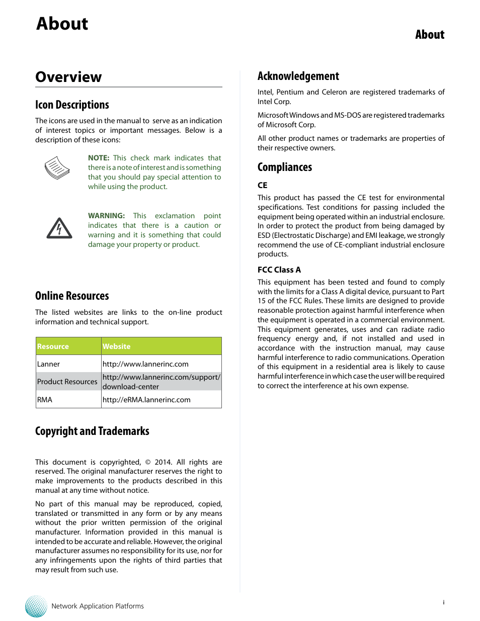 Overview, About, Icon descriptions | Online resources, Copyright and trademarks, Acknowledgement, Compliances | Lanner FW-8893C User Manual | Page 2 / 49