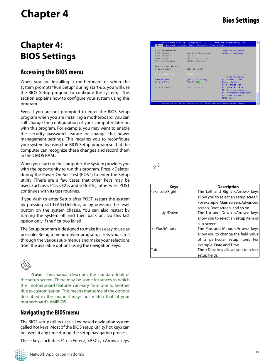 Chapter 4, Chapter 4: bios settings, Bios settings | Accessing the bios menu, Navigating the bios menu | Lanner FW-8893C User Manual | Page 22 / 49