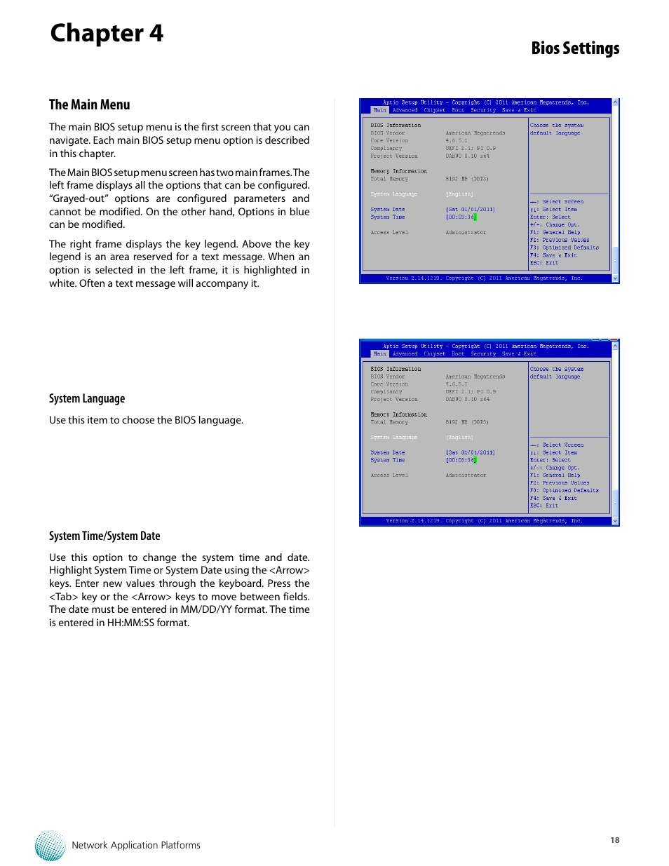 Chapter 4, Bios settings, The main menu | Lanner FW-8893C User Manual | Page 23 / 49