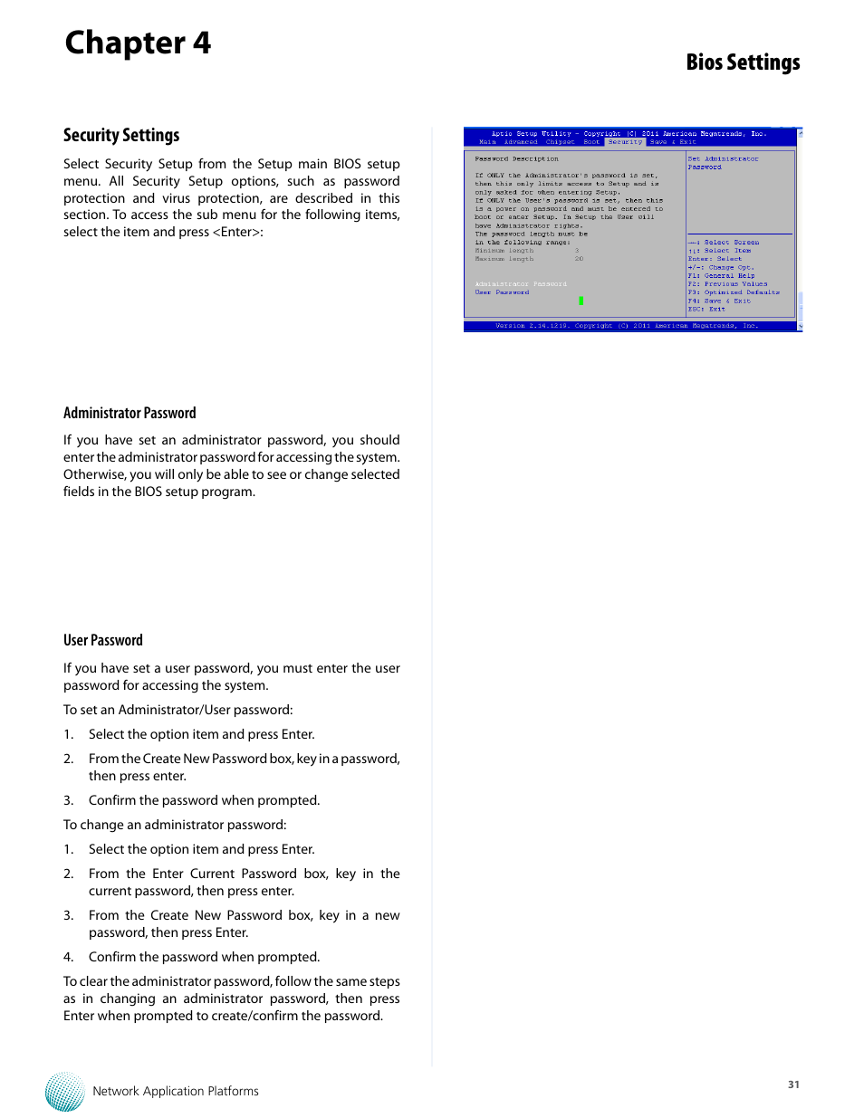 Chapter 4, Bios settings, Security settings | Lanner FW-8893C User Manual | Page 36 / 49