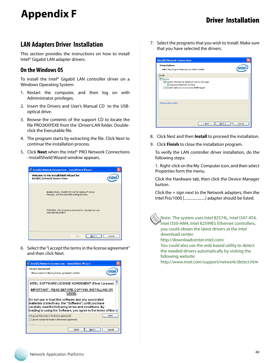 Appendix f, Driver installation, Lan adapters driver installation | On the windows os | Lanner FW-8893C User Manual | Page 45 / 49