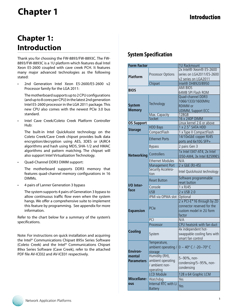 Chapter 1, Chapter 1: introduction, Introduction | System specification | Lanner FW-8893C User Manual | Page 6 / 49