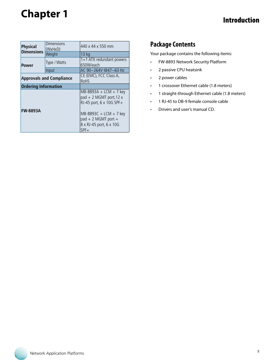 Chapter 1, Introduction, Package contents | Lanner FW-8893C User Manual | Page 7 / 49