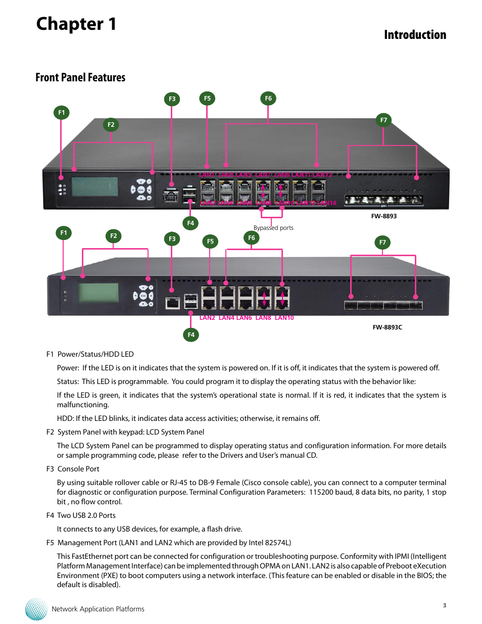 Chapter 1, Introduction, Front panel features | Lanner FW-8893C User Manual | Page 8 / 49