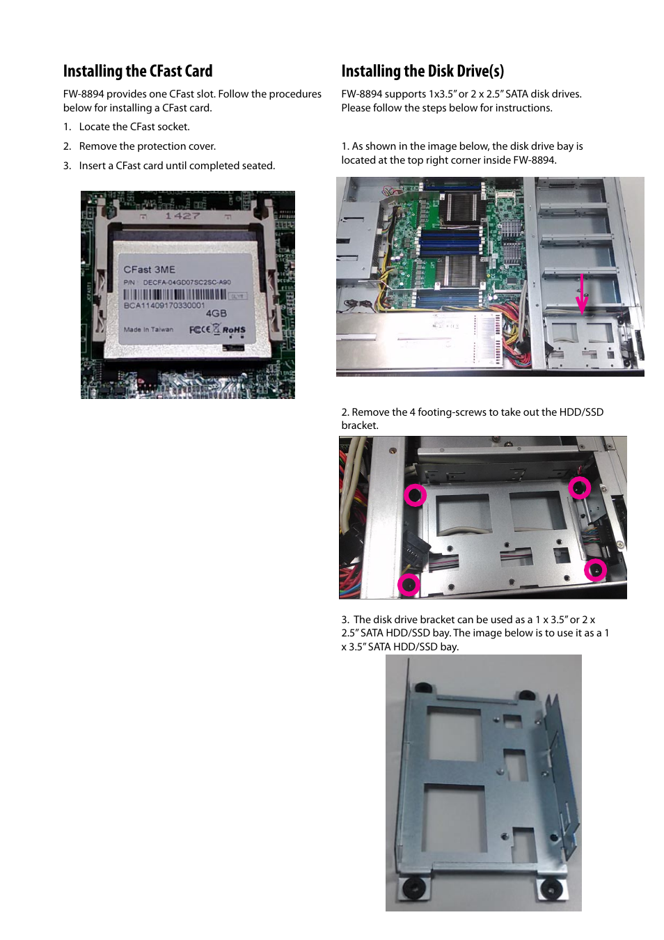 Installing the cfast card, Installing the disk drive(s) | Lanner FW-8894 User Manual | Page 19 / 31