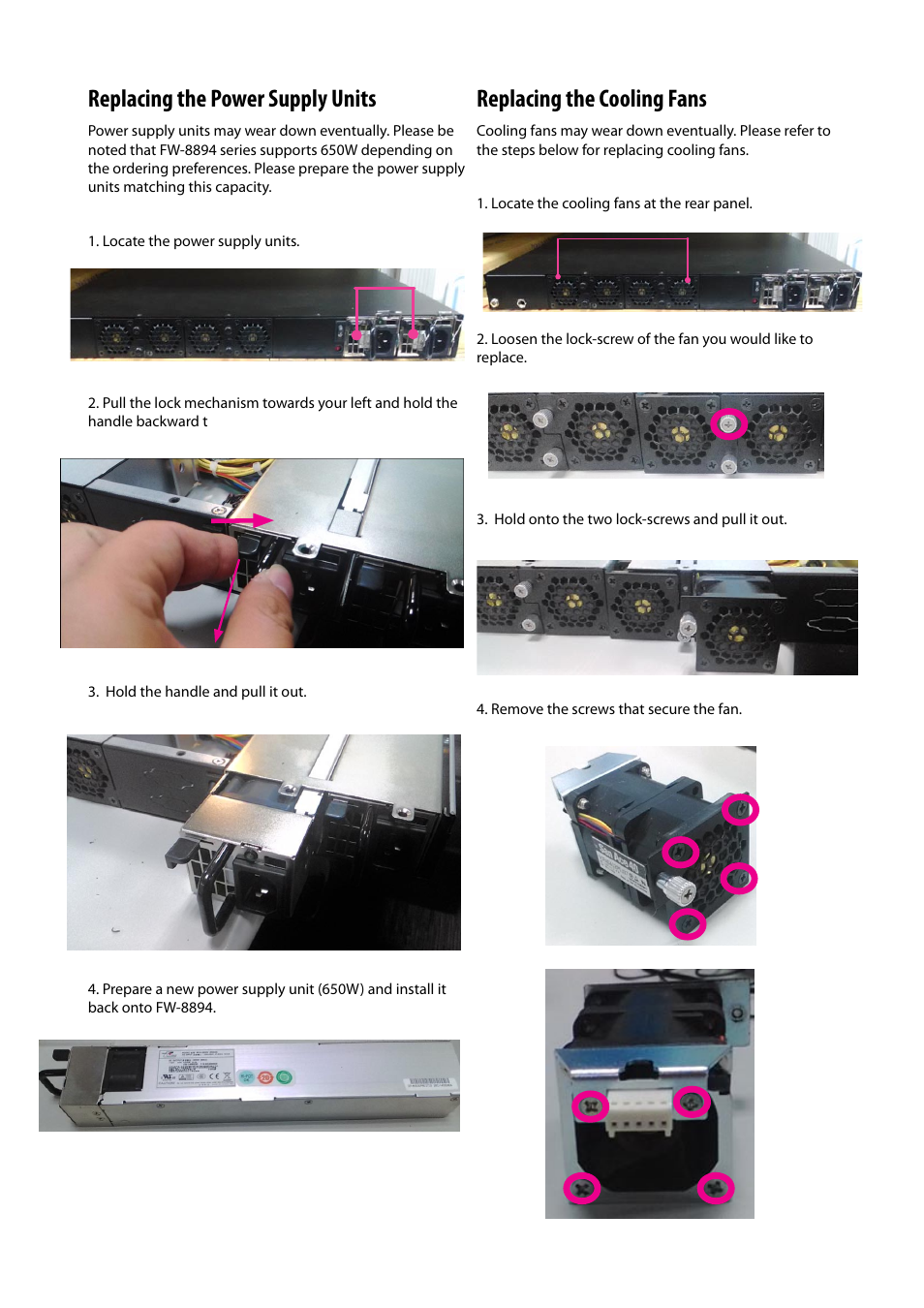 Replacing the power supply units, Replacing the cooling fans | Lanner FW-8894 User Manual | Page 22 / 31