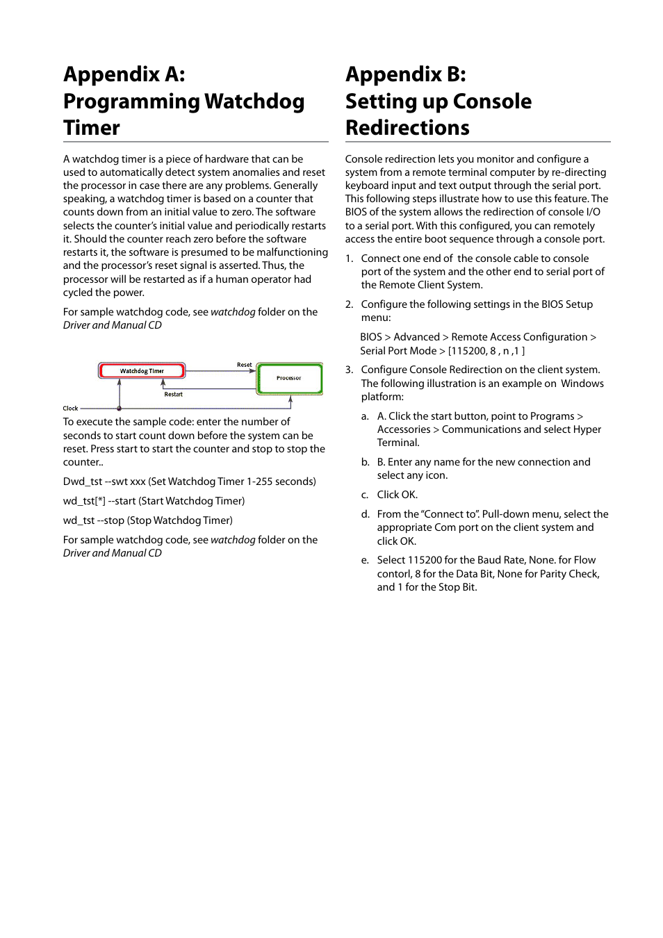 Appendix a: programming watchdog timer, Appendix b: setting up console redirections | Lanner FW-8894 User Manual | Page 25 / 31