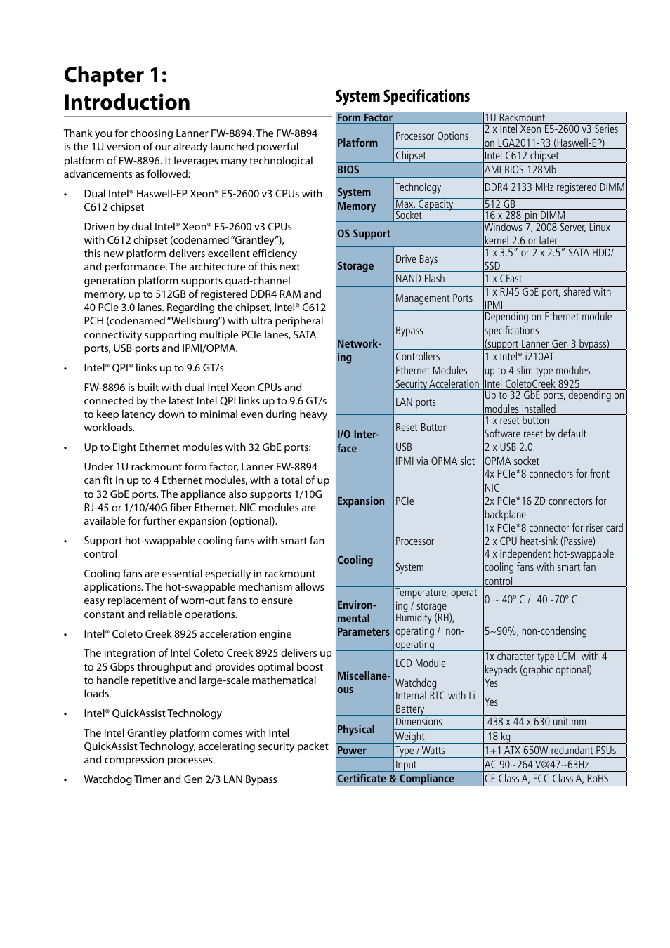 Chapter 1: introduction, System specifications | Lanner FW-8894 User Manual | Page 6 / 31