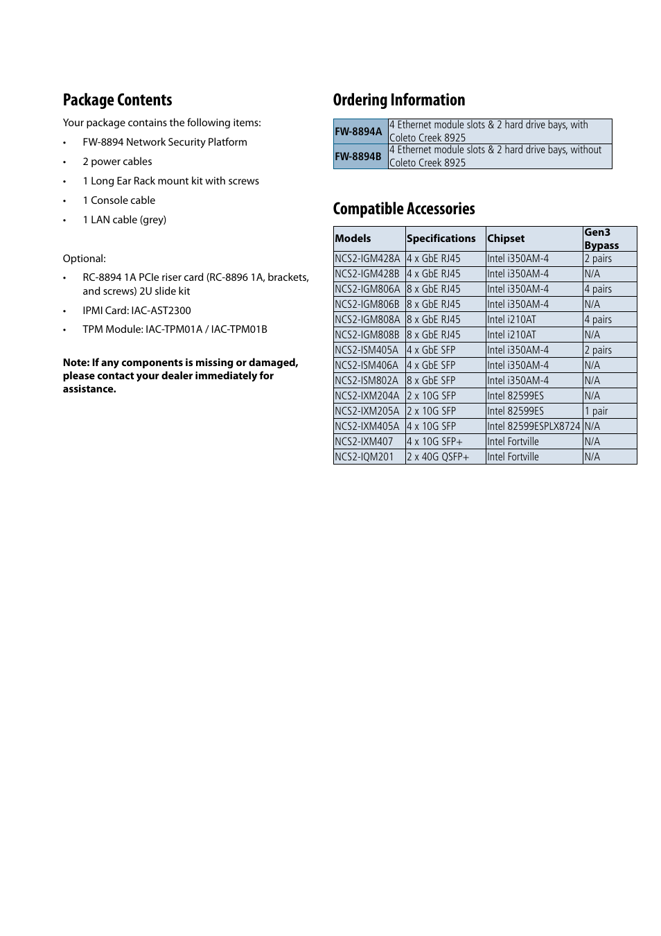 Package contents, Ordering information compatible accessories | Lanner FW-8894 User Manual | Page 7 / 31
