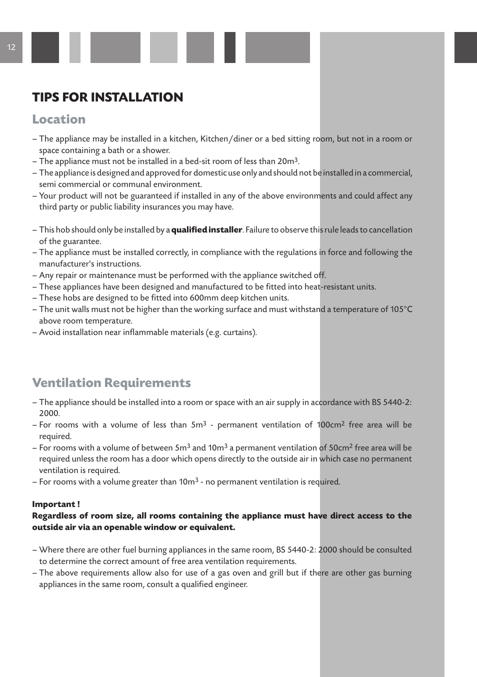 Tips for installation location, Ventilation requirements | CDA HCG 731 User Manual | Page 12 / 24