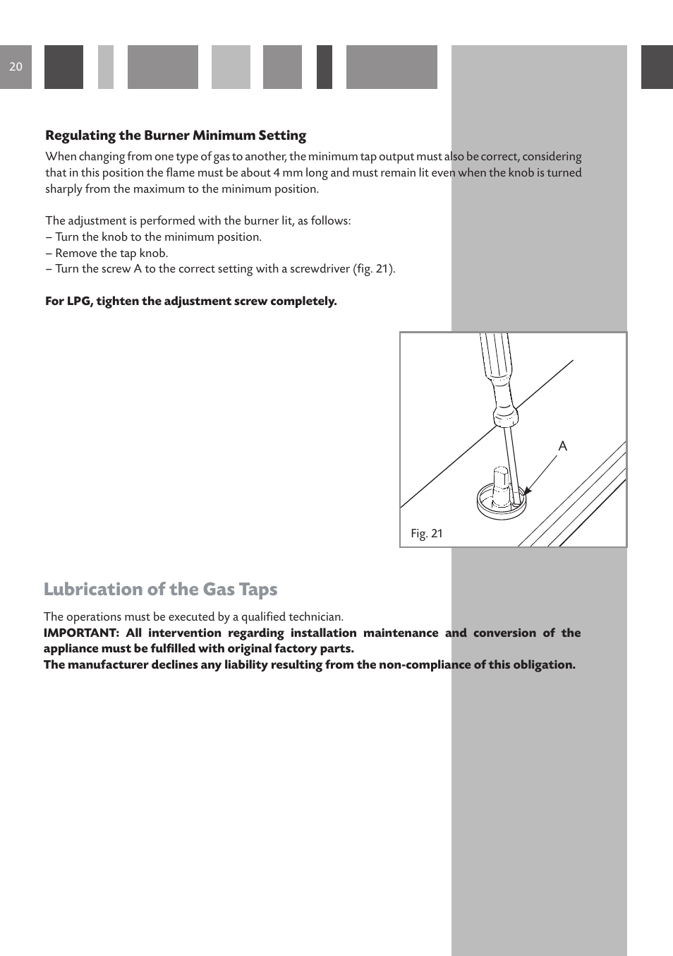 Lubrication of the gas taps | CDA HCG 731 User Manual | Page 20 / 24