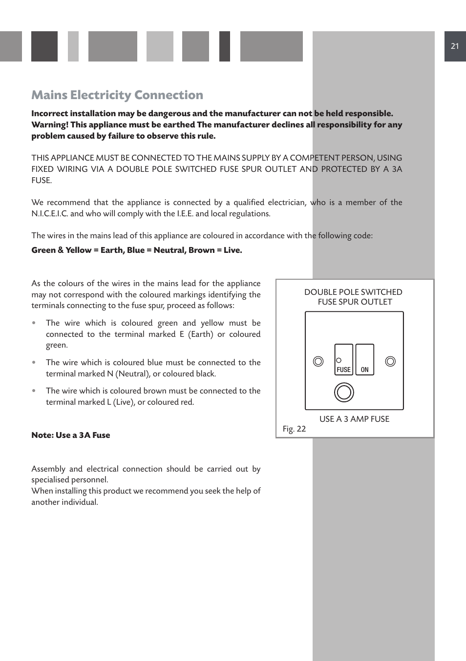 Mains electricity connection | CDA HCG 731 User Manual | Page 21 / 24