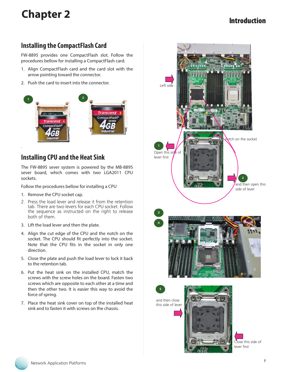 Chapter 2, Introduction, Installing the compactflash card | Installing cpu and the heat sink | Lanner FW-8895 User Manual | Page 11 / 48