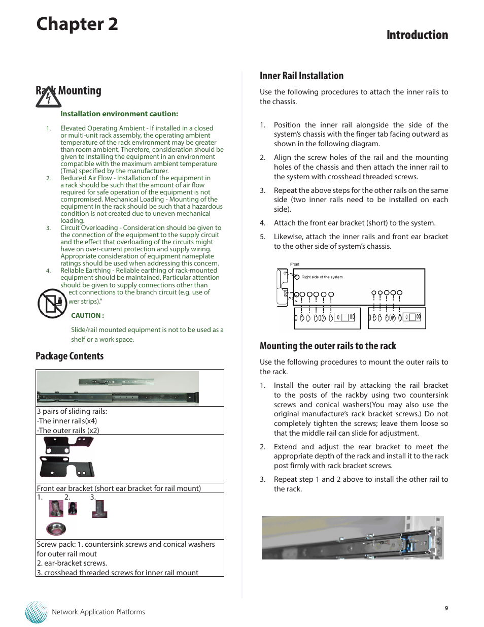 Chapter 2, Introduction, Rack mounting | Package contents, Inner rail installation, Mounting the outer rails to the rack | Lanner FW-8895 User Manual | Page 13 / 48