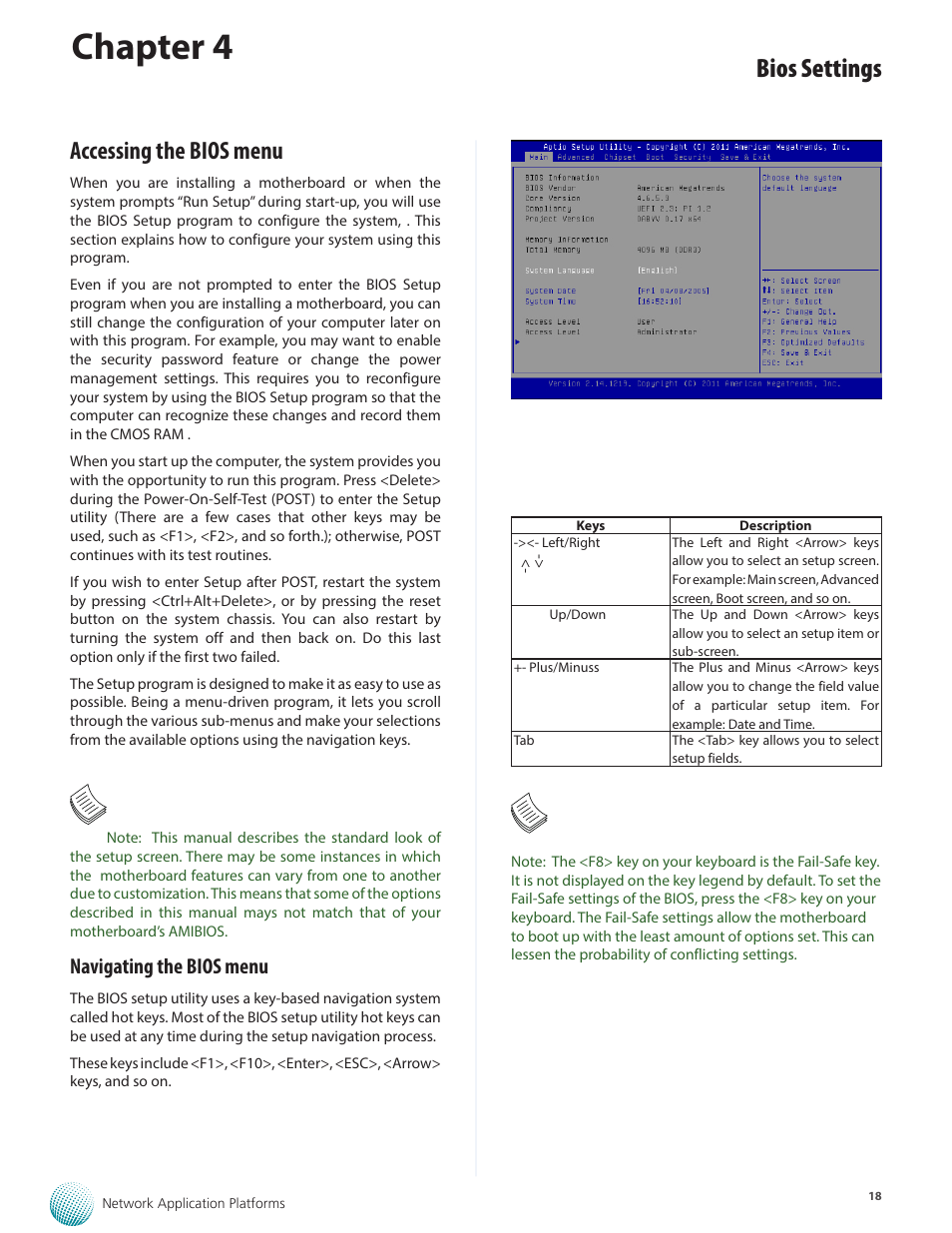 Chapter 4, Bios settings, Accessing the bios menu | Navigating the bios menu | Lanner FW-8895 User Manual | Page 22 / 48