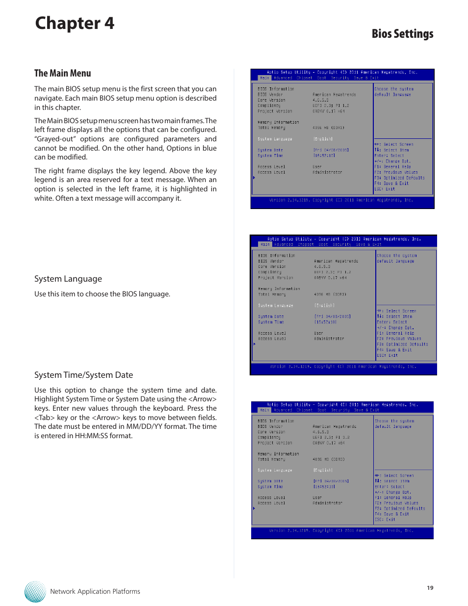 Chapter 4, Bios settings, The main menu | Lanner FW-8895 User Manual | Page 23 / 48