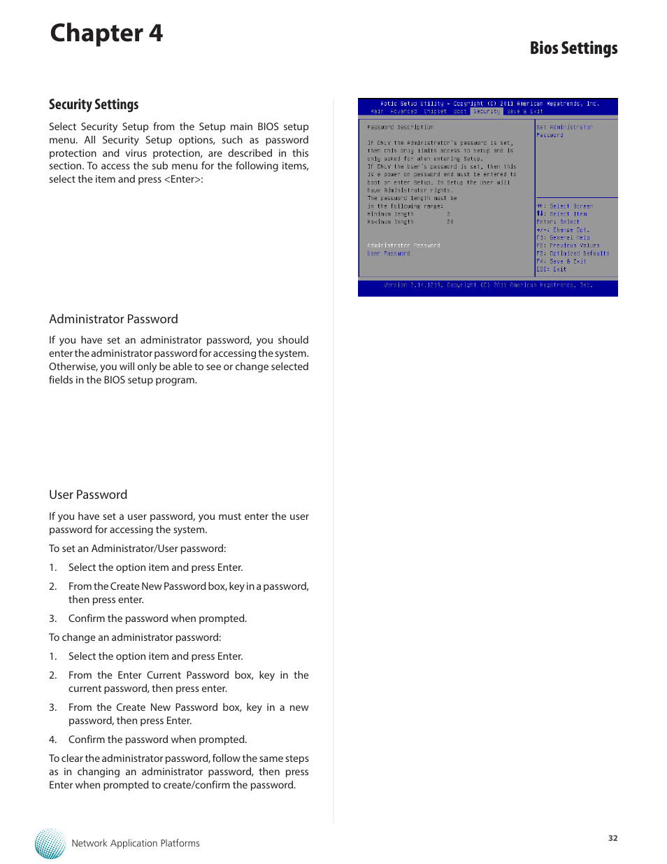 Chapter 4, Bios settings, Security settings | Lanner FW-8895 User Manual | Page 36 / 48