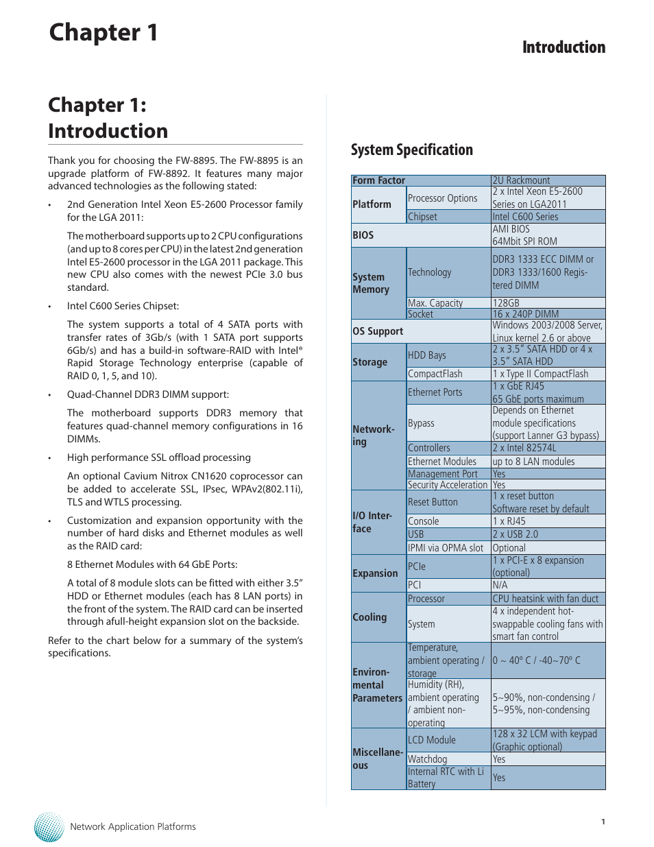 Chapter 1, Chapter 1: introduction, Introduction | System specification | Lanner FW-8895 User Manual | Page 5 / 48