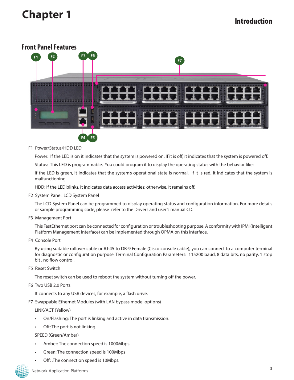 Chapter 1, Introduction, Front panel features | Lanner FW-8895 User Manual | Page 7 / 48