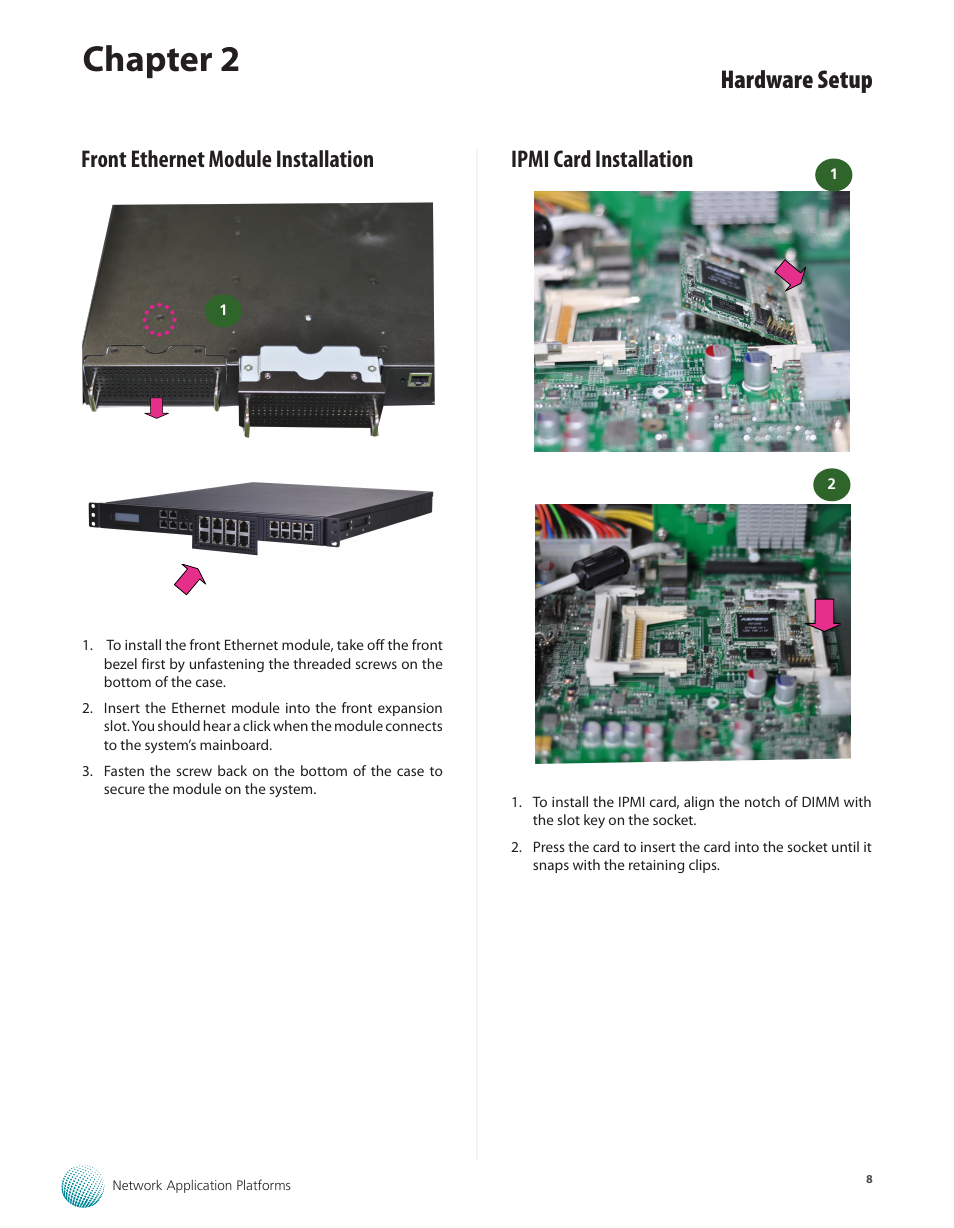 Front ethernet module installation, Ipmi card installation, Chapter 2 | Hardware setup | Lanner FX-3210 User Manual | Page 13 / 54