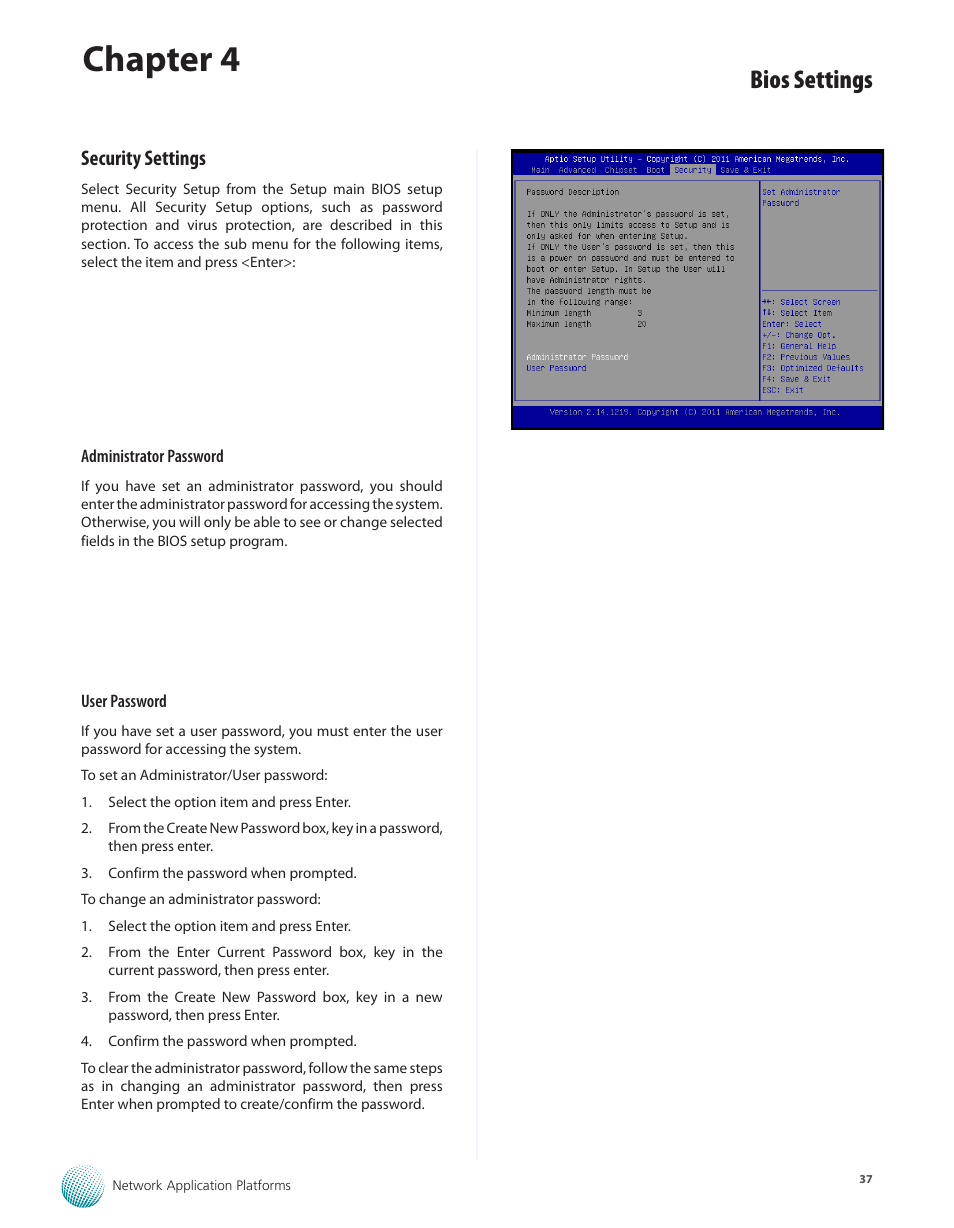 Security settings, Chapter 4, Bios settings | Lanner FX-3210 User Manual | Page 42 / 54