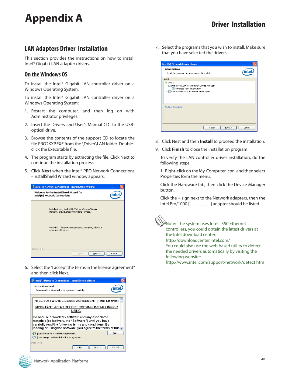 Lan adapters driver installation, On the windows os, Appendix a | Driver installation | Lanner FX-3210 User Manual | Page 45 / 54