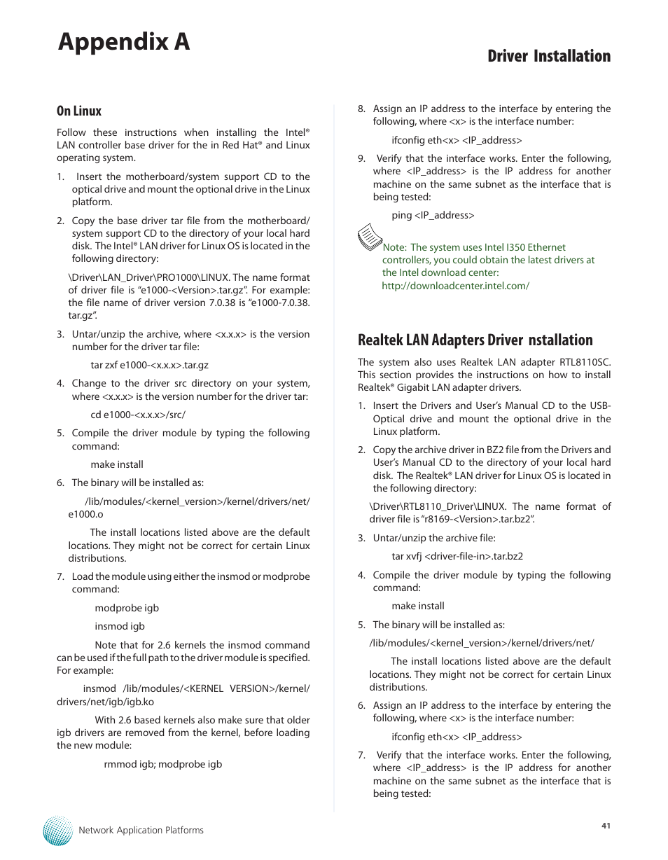 On linux, Realtek lan adapters driver nstallation, Appendix a | Driver installation | Lanner FX-3210 User Manual | Page 46 / 54