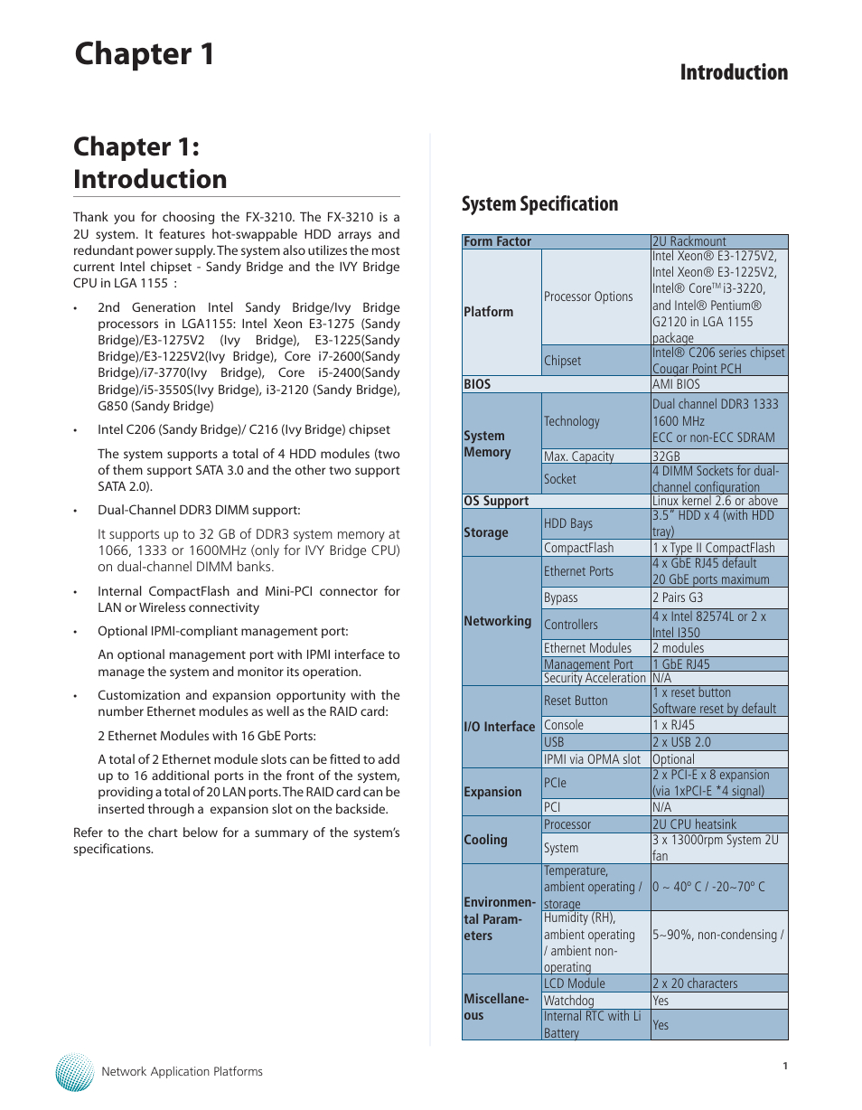 Chapter 1: introduction, System specification, Chapter 1 | Introduction | Lanner FX-3210 User Manual | Page 6 / 54