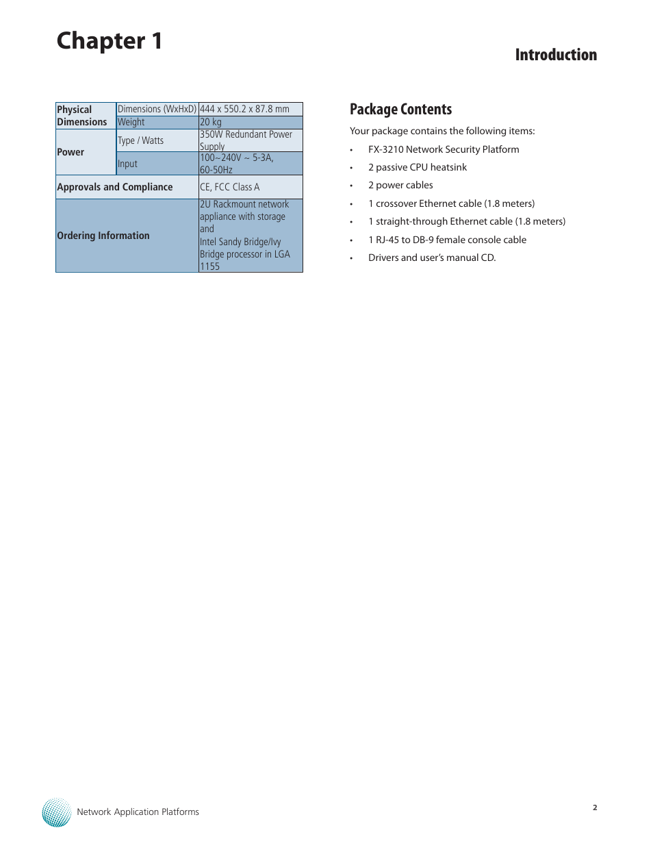 Package contents, Chapter 1, Introduction | Lanner FX-3210 User Manual | Page 7 / 54