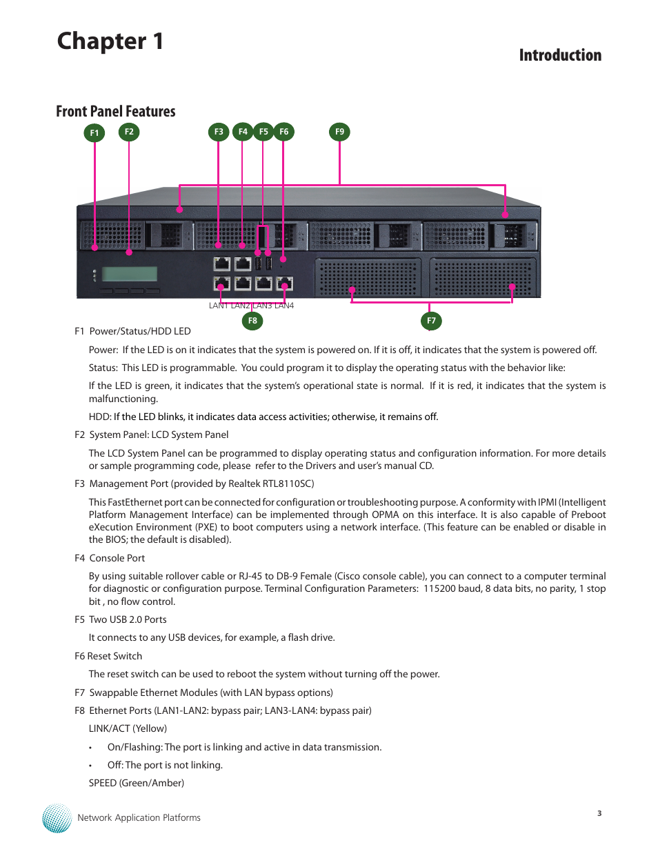 Front panel features, Chapter 1, Introduction | Lanner FX-3210 User Manual | Page 8 / 54