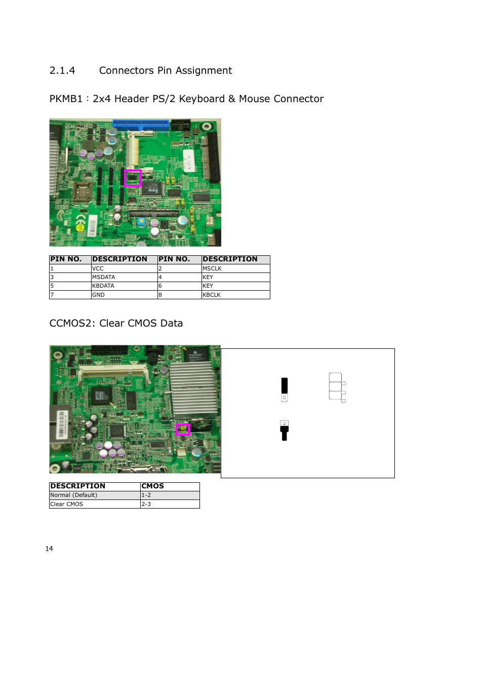 4 connectors pin assignment, Pkmb1：2x4 header ps/2 keyboard & mouse connector, Ccmos2: clear cmos data | Lanner RS12-38800 User Manual | Page 14 / 64