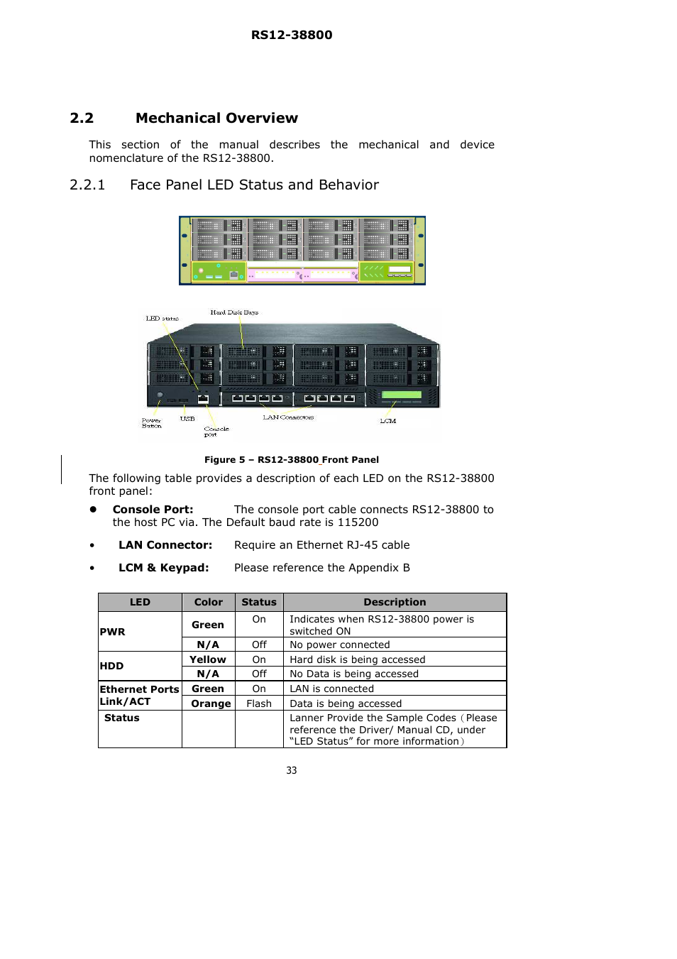 2 mechanical overview, 1 face panel led status and behavior | Lanner RS12-38800 User Manual | Page 33 / 64