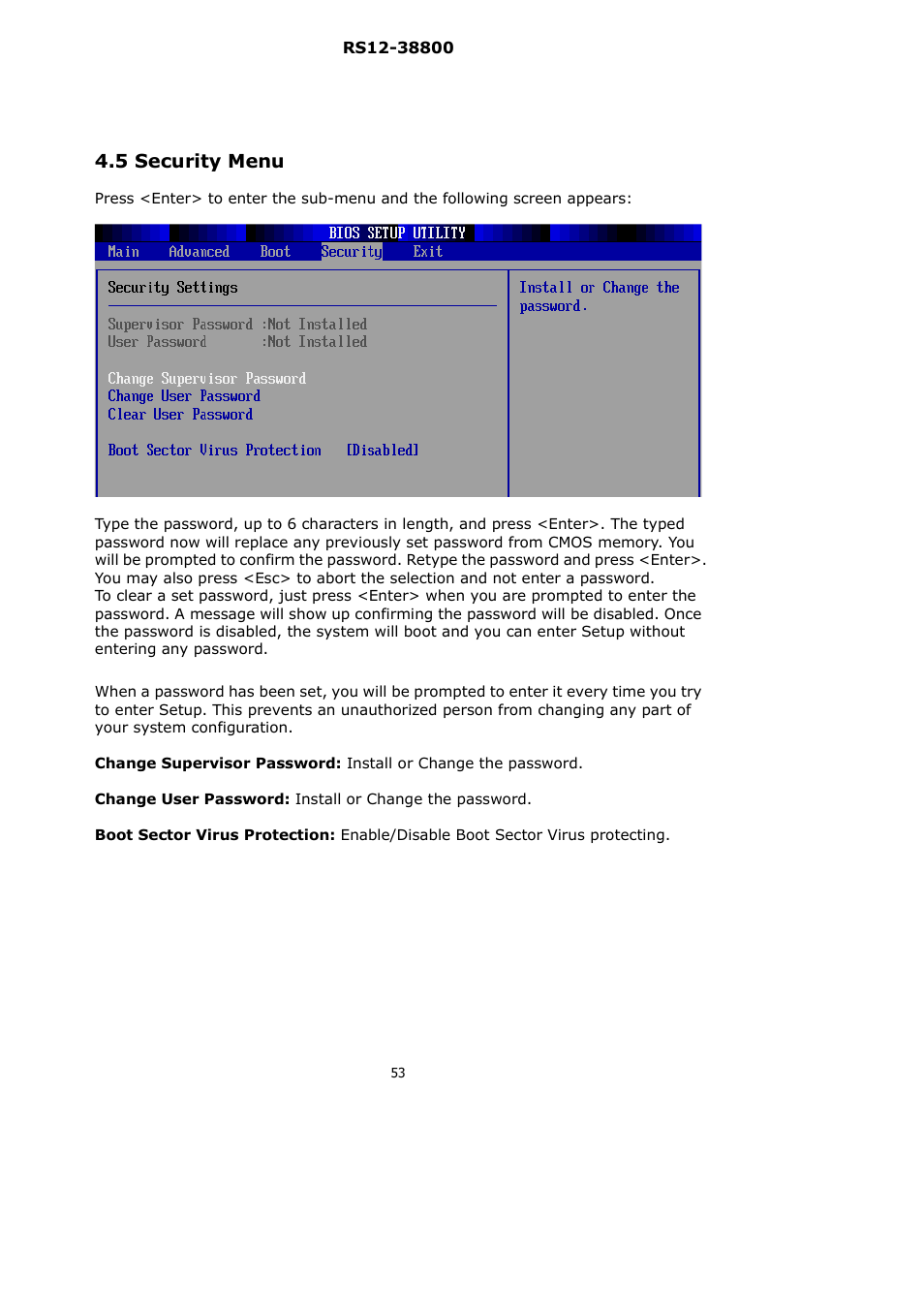 5 security menu | Lanner RS12-38800 User Manual | Page 53 / 64