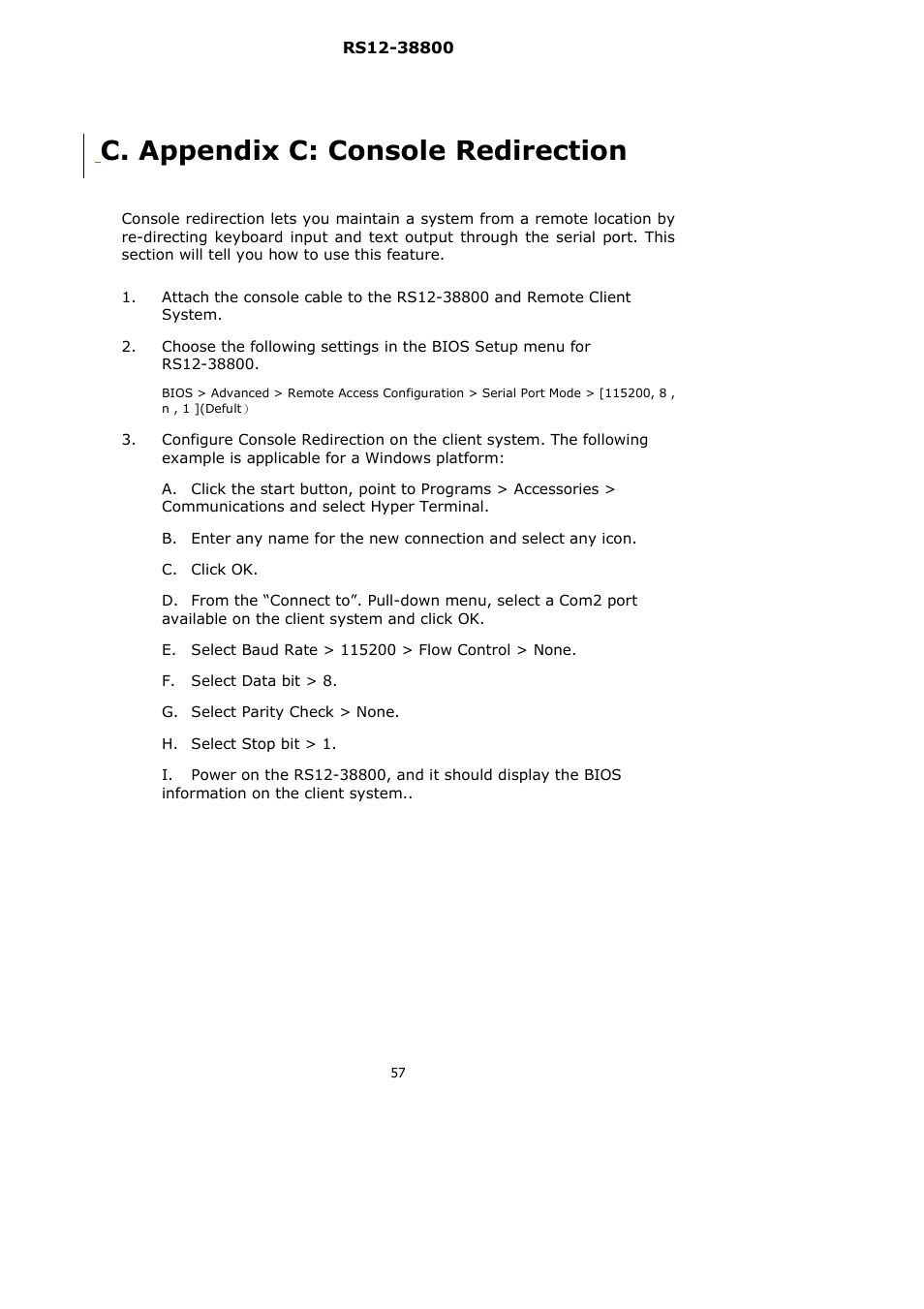 C. appendix c: console redirection | Lanner RS12-38800 User Manual | Page 57 / 64