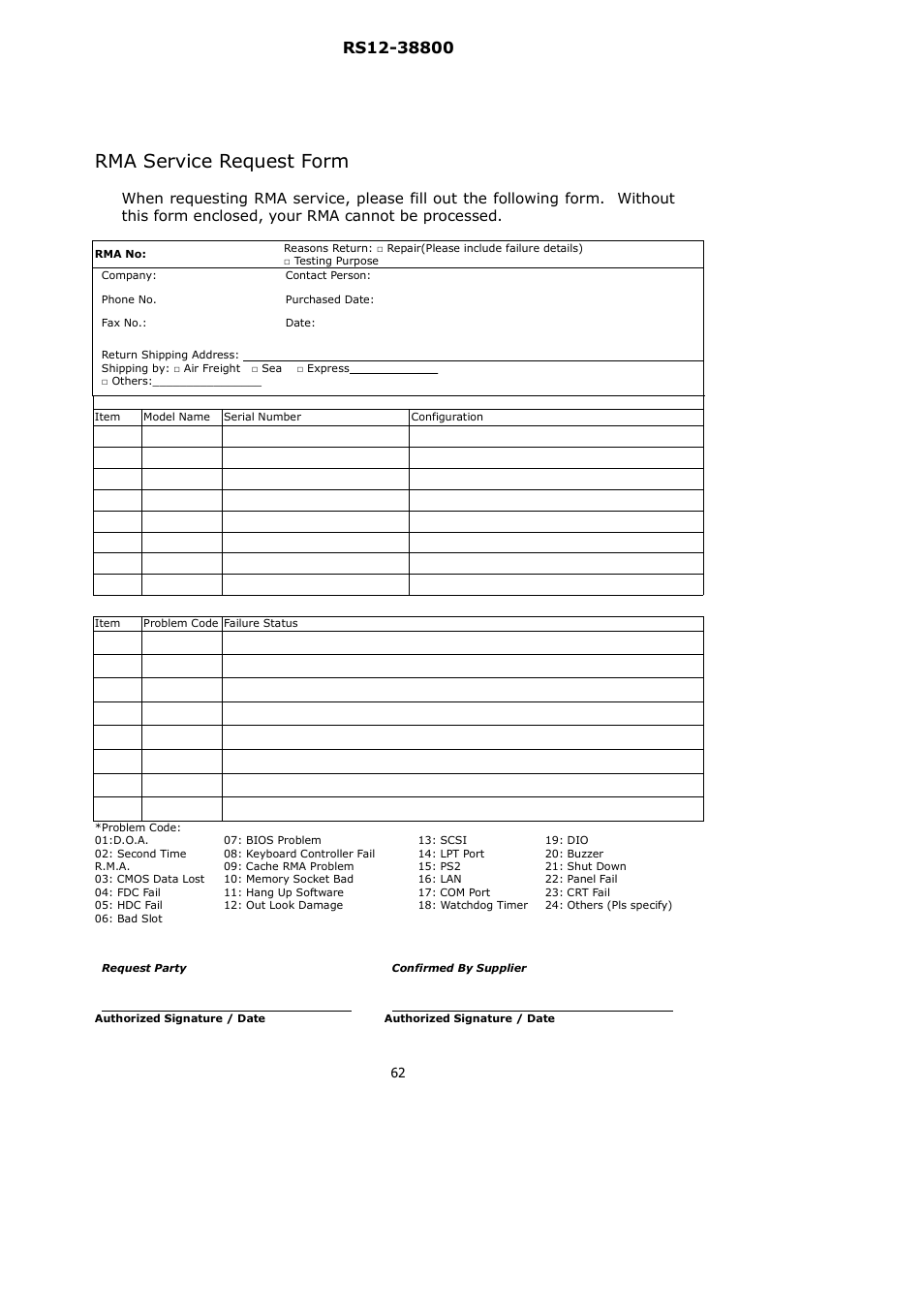 Rma service request form | Lanner RS12-38800 User Manual | Page 62 / 64