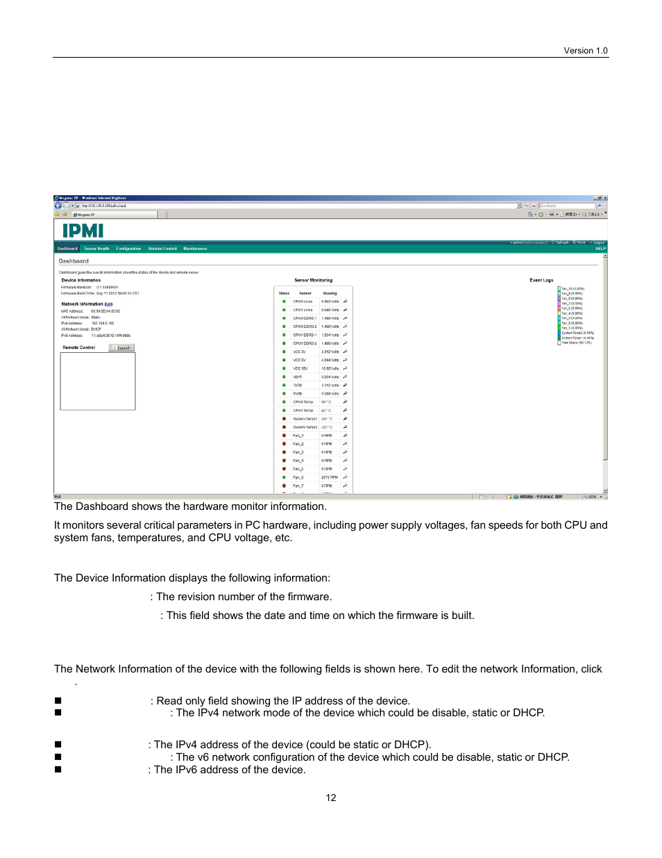 Ashboard, Nformation, Dashboard | Lanner IPMI User Manual | Page 14 / 56