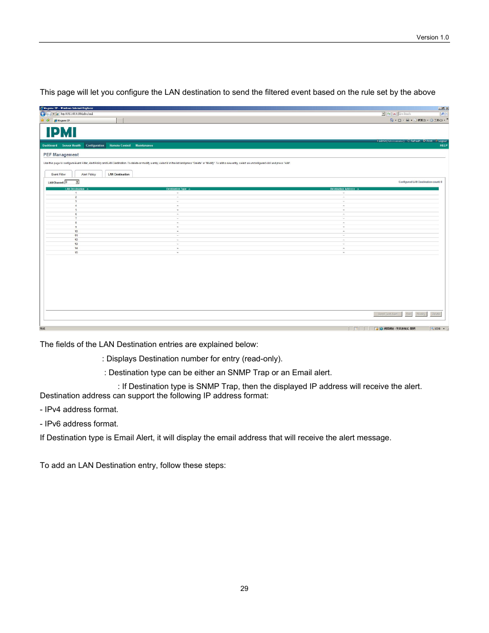 3 lan destination, Lan destination | Lanner IPMI User Manual | Page 31 / 56