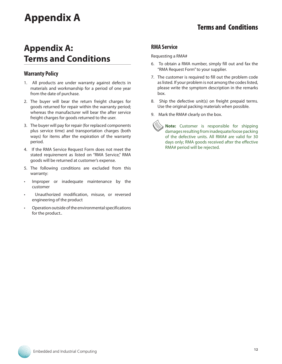 Appendix a: terms and conditions, Warranty policy, Rma service | Warranty policy rma service, Appendix a, Terms and conditions | Lanner MR-301 User Manual | Page 15 / 16