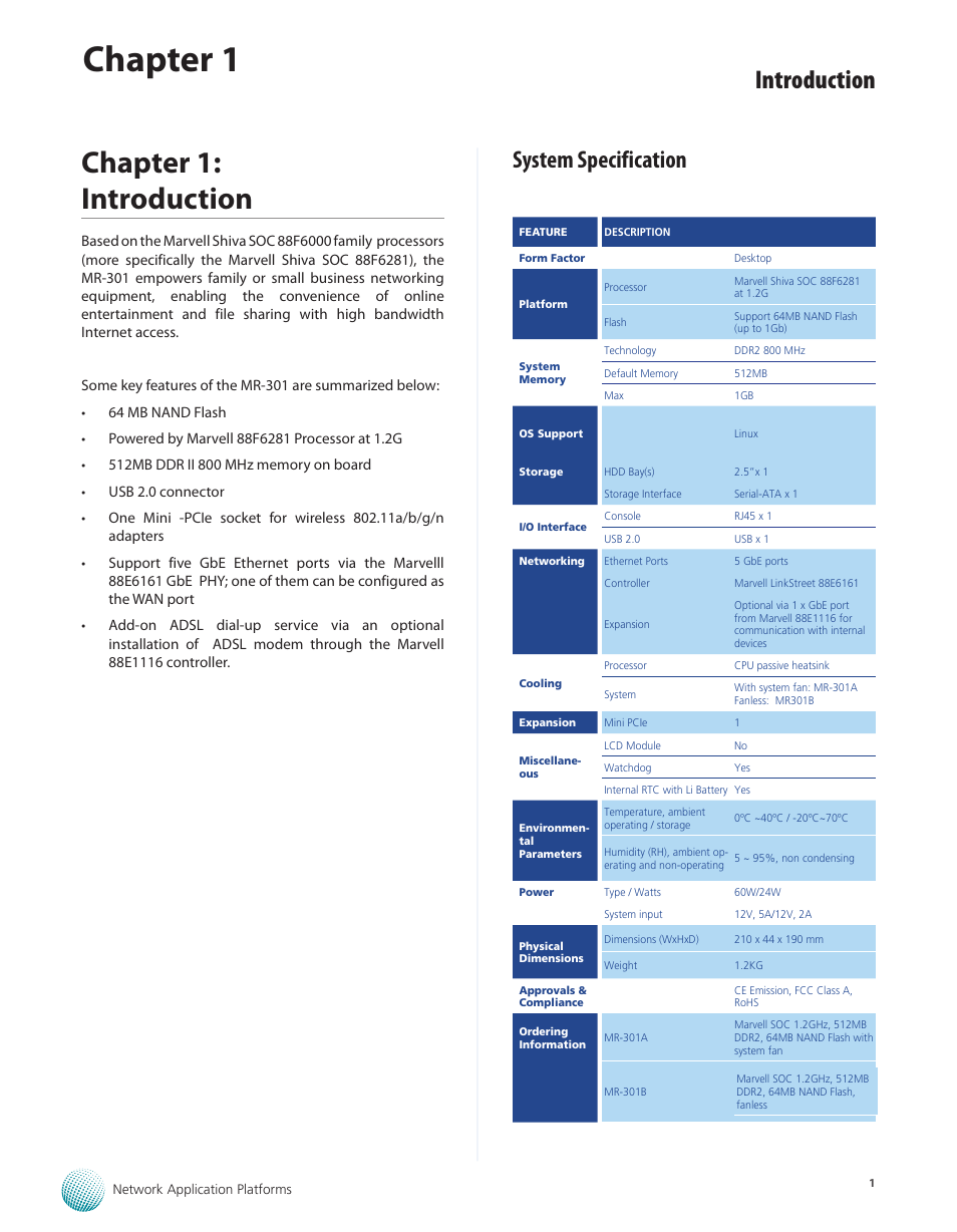 Chapter 1: introduction, System specification, Chapter 1 | Introduction | Lanner MR-301 User Manual | Page 4 / 16