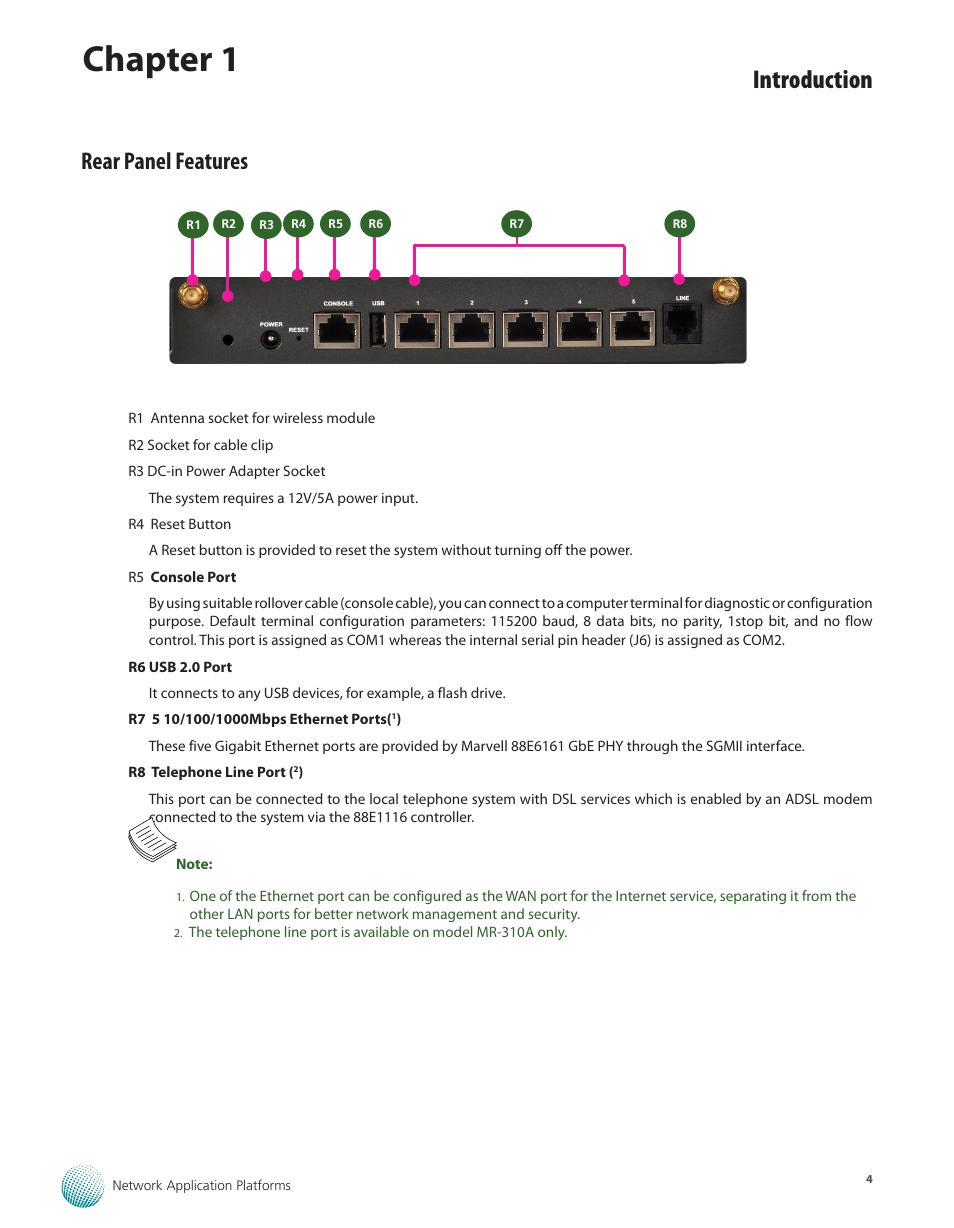 Rear panel features, Chapter 1, Introduction | Lanner MR-301 User Manual | Page 7 / 16